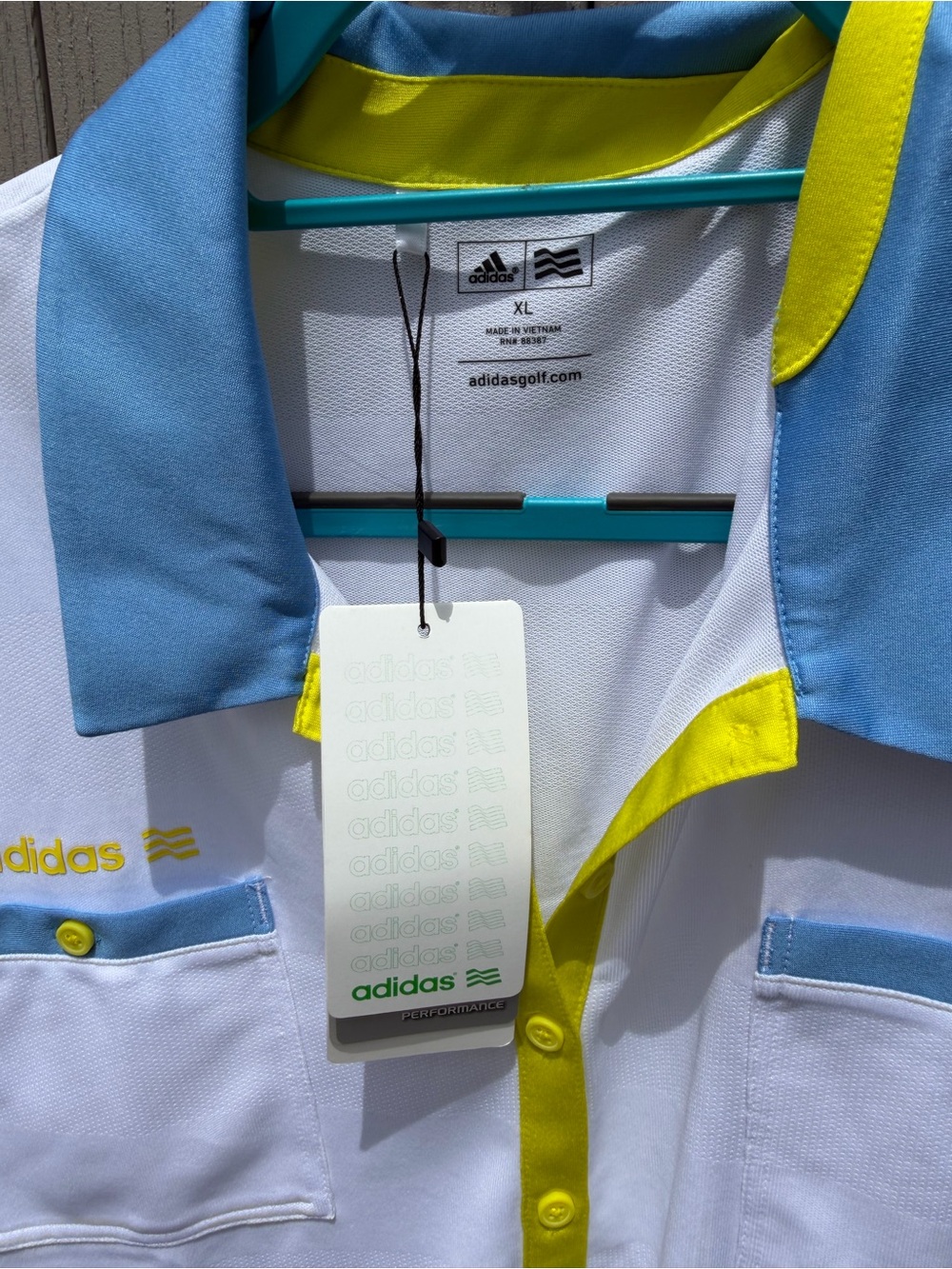 adidas White Polo w/ Yellow & Teal Accents-XL-Golf- lightweight-moisture control - Picture 4 of 12